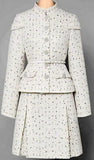 Belted Button-Embellished Jacket and Skirt Set, White