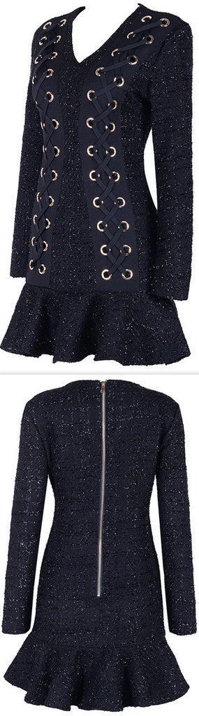 Black Lace-Up Tweed Skater Mini Dress