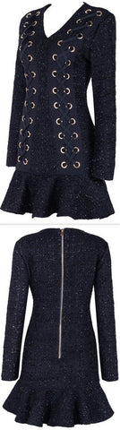 Black Lace-Up Tweed Skater Mini Dress