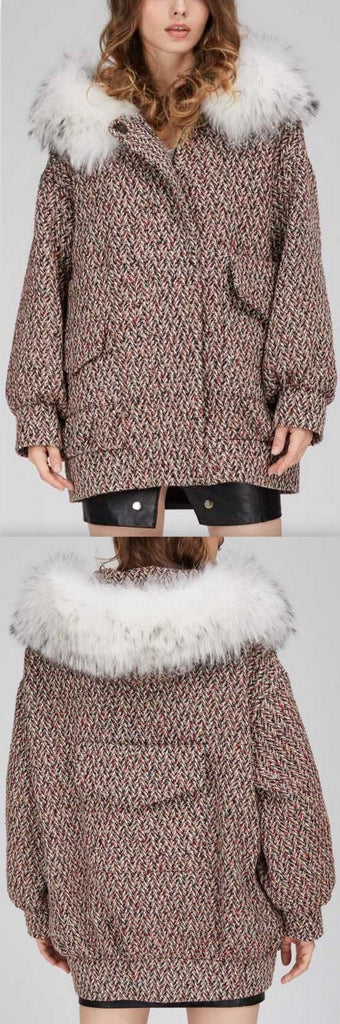 Fur-Hooded Multi Colored Short Wool Coat