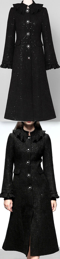 Black Single-Breasted Ruffle Trim Wool Coat