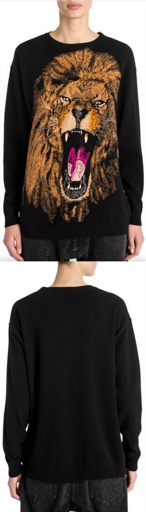 Intarsia Lion Print Wool Sweater