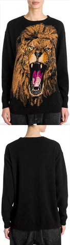 Intarsia Lion Print Wool Sweater