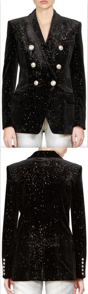 Double-Breasted Star-Glitter Velvet Blazer