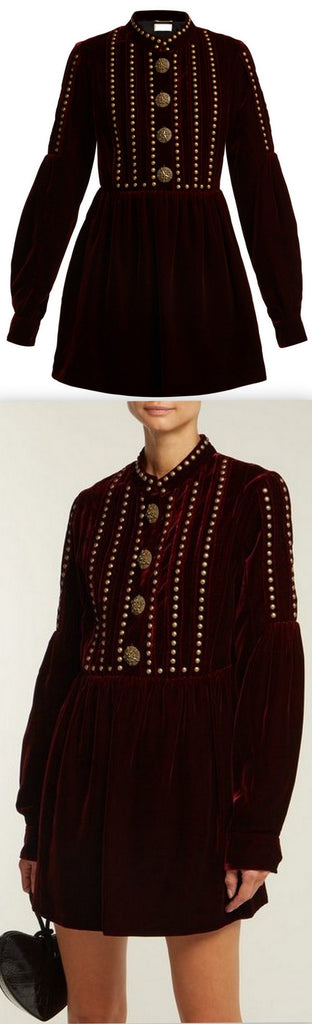 Studded and Pleated Velvet Mini Dress