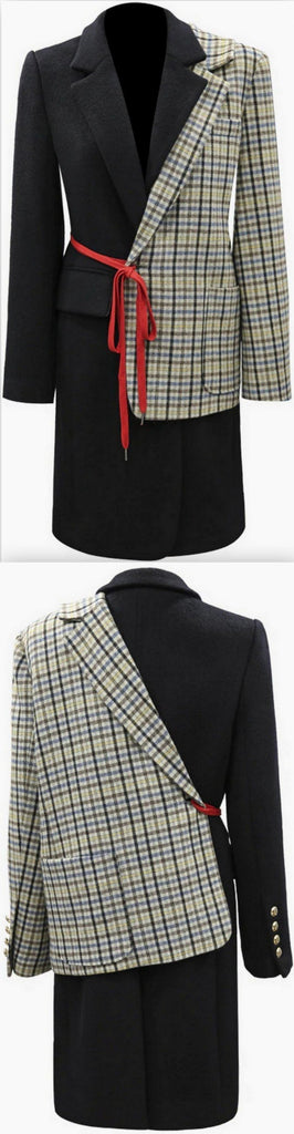 Half and Half Plaid and Solid Blazer-Coat