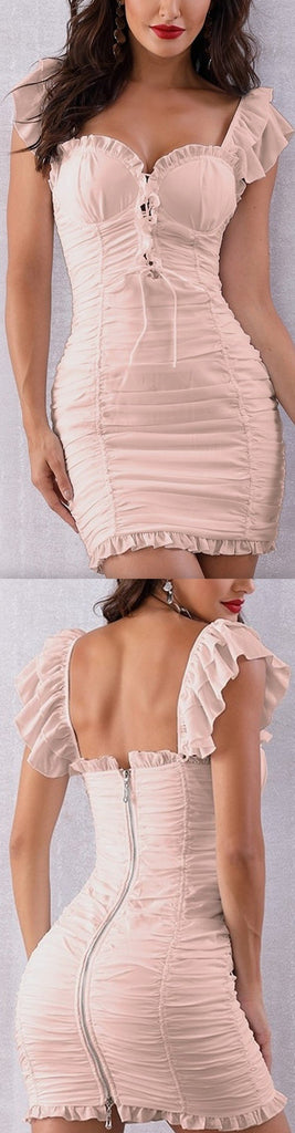 Ruched Ruffle-Trim Mini Dress - Pale Pink or White