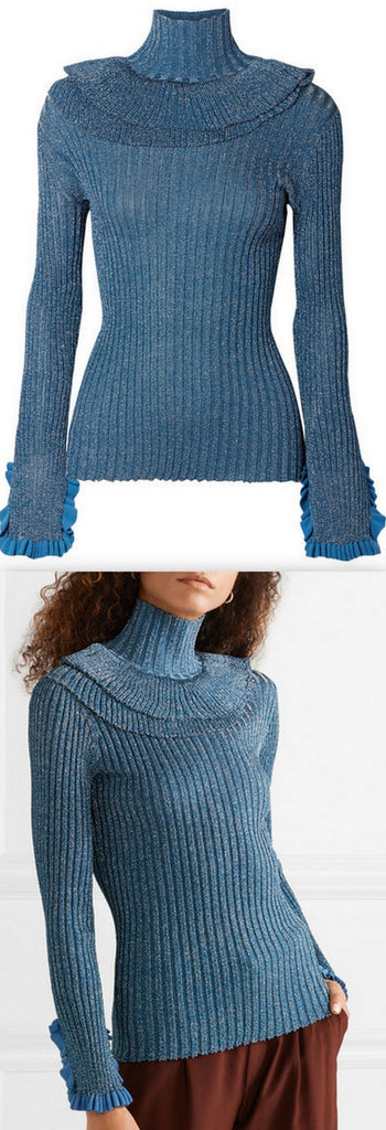 Ruffled Metallic Ribbed-Knit Turtleneck Sweater
