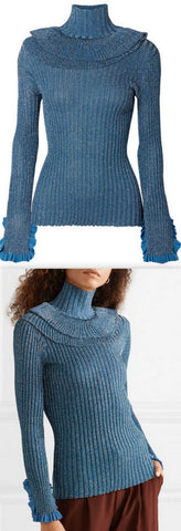 Ruffled Metallic Ribbed-Knit Turtleneck Sweater