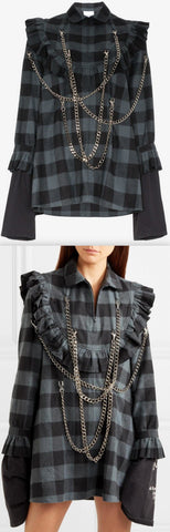 Tartan Chain Embellished Ruffle Shirt