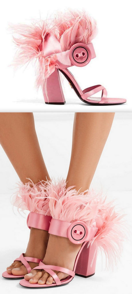 Feather-Trimmed Satin Sandals - Pink