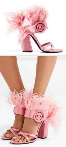 Feather-Trimmed Satin Sandals - Pink