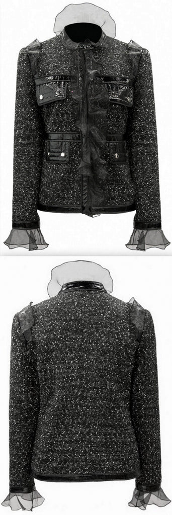 Faux-Leather Patchwork Tulle-Trim Jacket