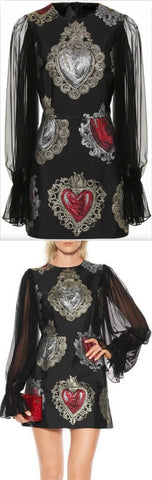 Heart Jacquard Sheer-Sleeve Mini Dress