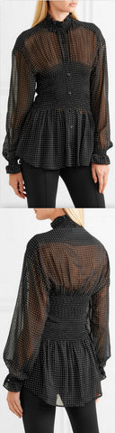 Smocked Polka-Dot Georgette Blouse