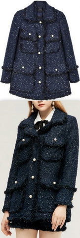 Frayed Tweed Jacket with Faux-Pearl Embellishments, Blue
