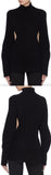 Black Puff Sleeve Cut-Out Waist Mock Neck Sweater