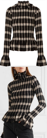 Smocked Checked Jersey Turtleneck Top