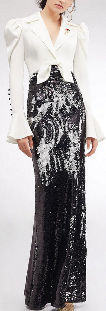 Puff-Sleeve Sequin-Embellished Gown
