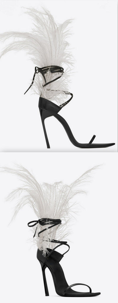 Iris 105 Feather Sandals, White Feathers and Black Leather