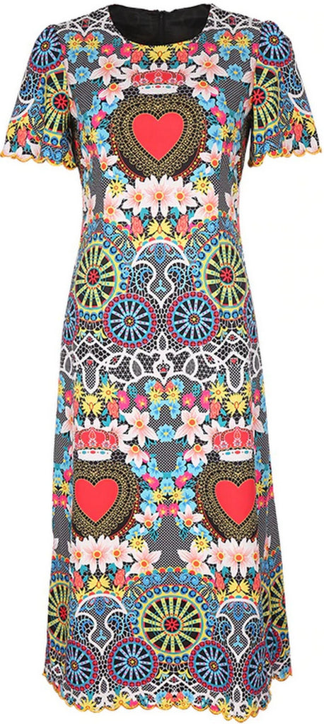 Heart and Wheel Print Midi Dress - Multi Colored
