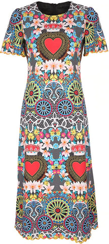 Heart and Wheel Print Midi Dress - Multi Colored