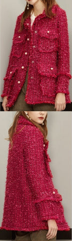 Frayed Tweed Jacket with Faux-Pearl Embellishments, Rose