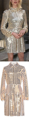 Gold and White Sequin-Stripe Mini Dress