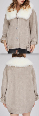 Chevron Oversized Short Wool Coat with Fur Collar