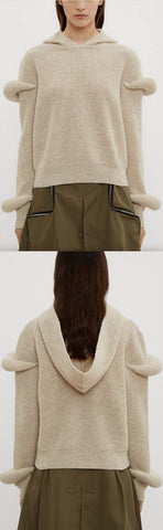 Hooded Sleeve Puff Knit Sweater in Beige