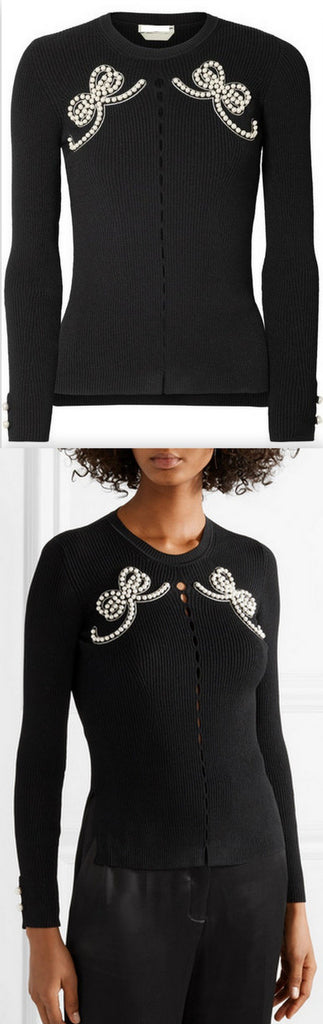 Faux-Pearl Embellished Ribbed-Knit Sweater