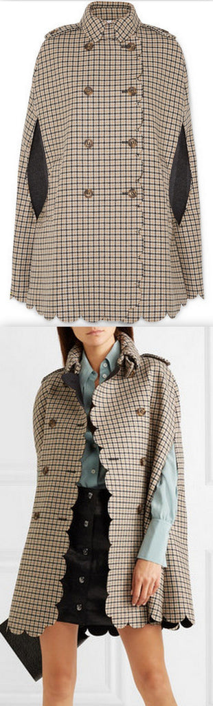 Scalloped Checked Wool-Blend Cape