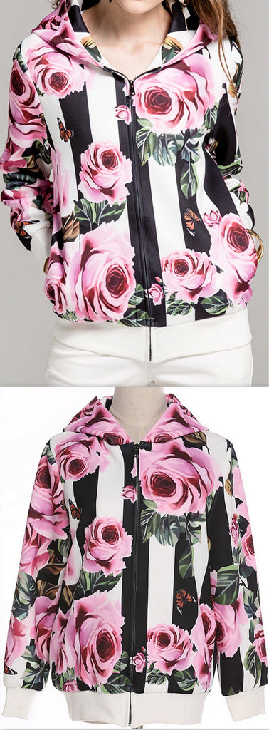 Rose & Stripe Print Hooded Jacket