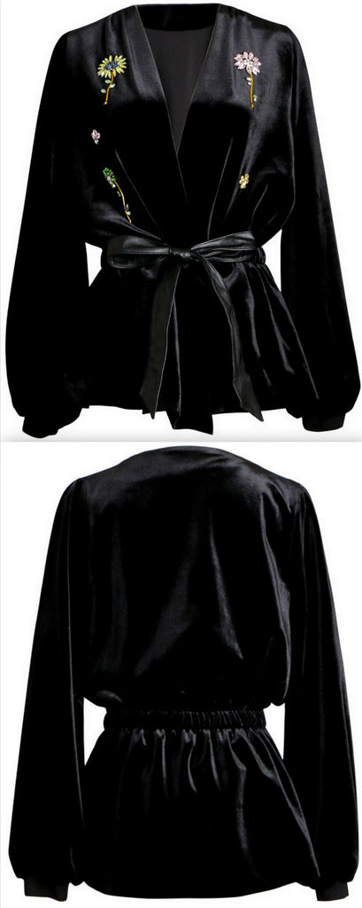 Crystal-Embellished Velvet Wrap Jacket