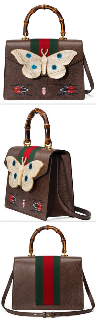 Leather Top Handle Bag with Moth, Brown