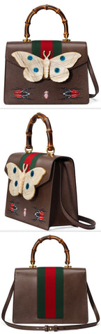 Leather Top Handle Bag with Moth, Brown