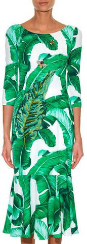 Banana Leaf Embellished Dress with Flared Hem - DESIGNER INSPIRED FASHIONS