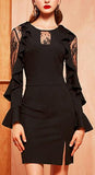 Black Lace-Panel Ruffle-Sleeve Bodycon Dress - DESIGNER INSPIRED FASHIONS