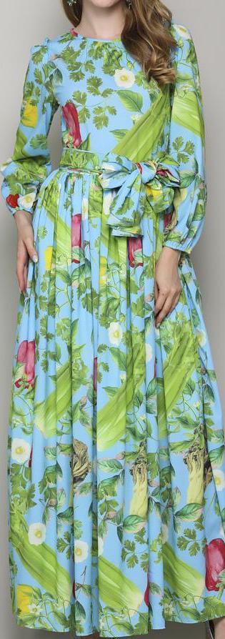 Garden Vegetable Print Dress with Sash