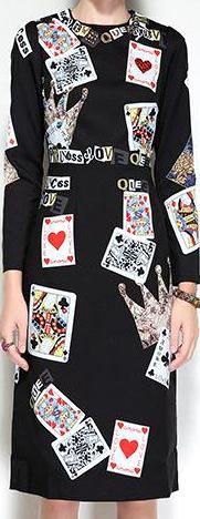 Black Cards-Printed Long-Sleeve Dress