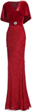 Fringed Flutter-Sleeve Gown, Red