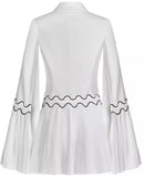 Embroidered Pleated Double-Breasted Flared Blazer, White