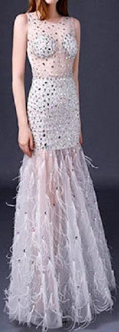 Rhinestone Embellished Feather Trim Gown