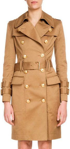 Double-Breasted Golden-Button Belted Trench Coat