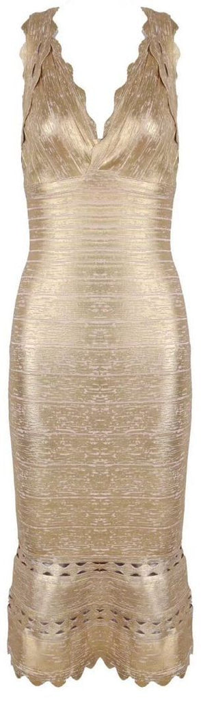 Gold Metallic Scalloped Bandage Dress