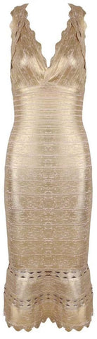 Gold Metallic Scalloped Bandage Dress