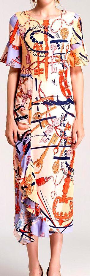 Ruffle-Contrast Printed Midi Dress