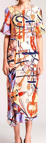 Ruffle-Contrast Printed Midi Dress