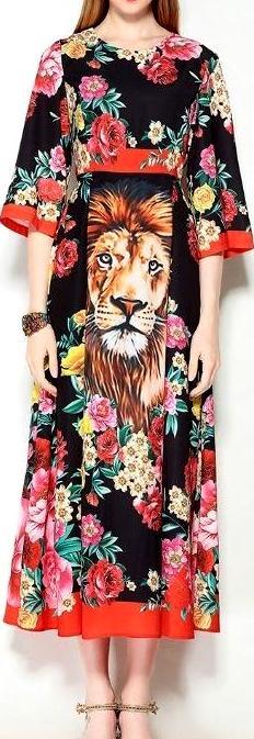 Floral & Lion Printed Midi Dress