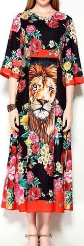 Floral & Lion Printed Midi Dress
